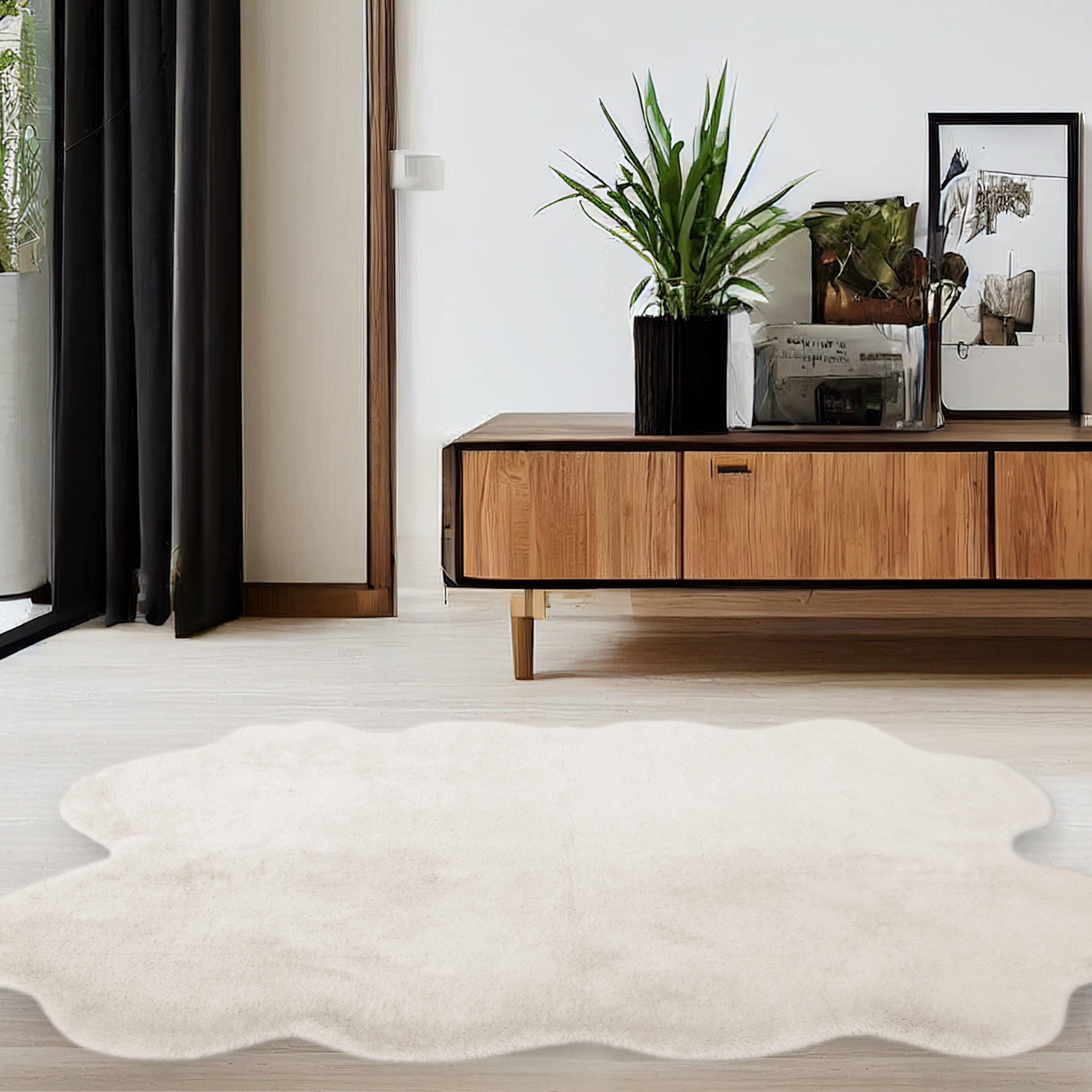 Luxury Faux Fur Plain Modern Shaped Rug 3 In Ivory White